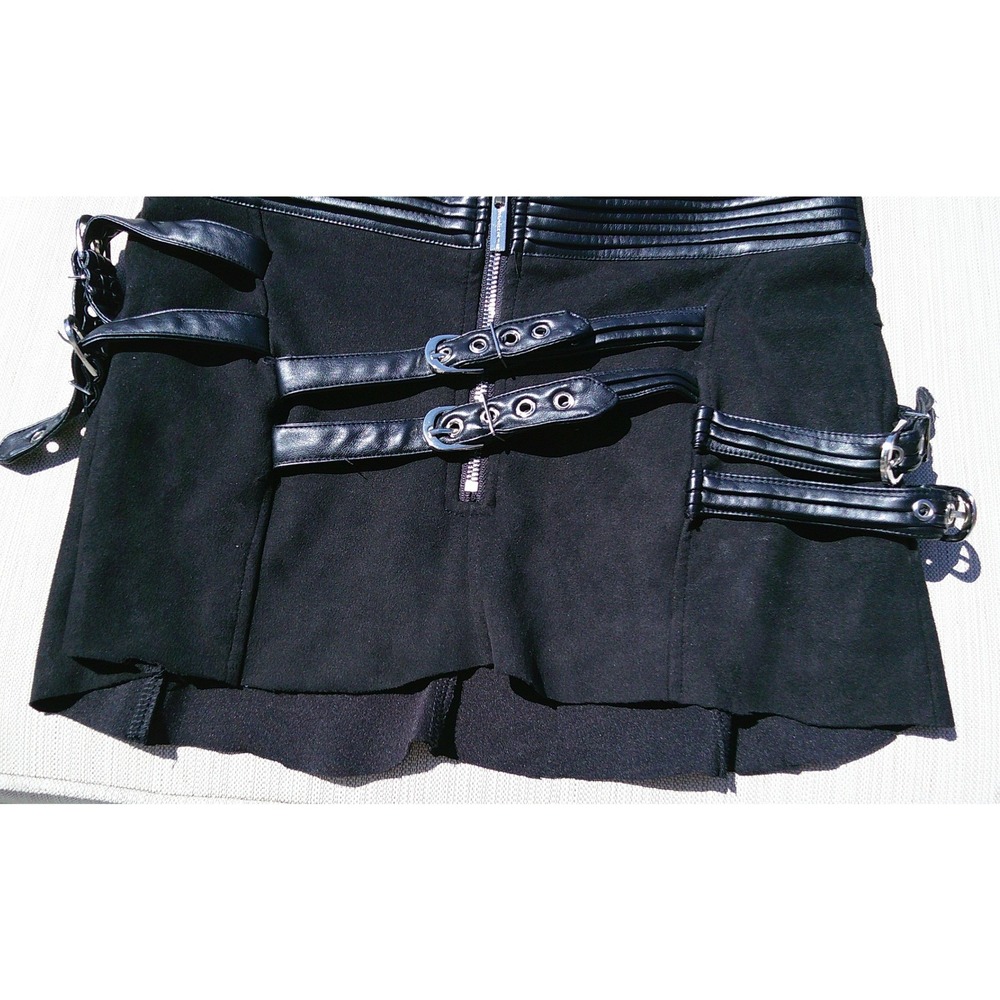 Ma Voir Black Buckle Strap Mini Skirt Punk Goth Faux Leather Trim Zip Front